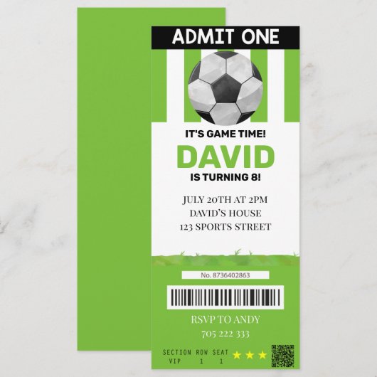 Soccer Ticket Birthday Boy Sport Party Kaart (Voorkant / Achterkant)