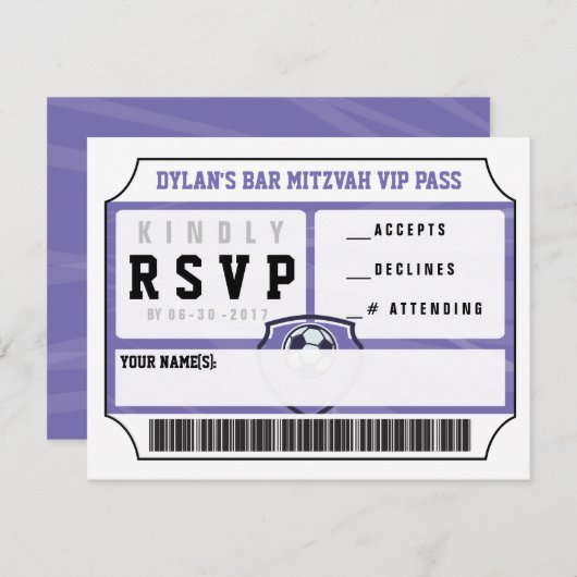 SOCCER VIP REPLY CARD Bar Bat Mitzvah Uitnodiging (Voorkant / Achterkant)