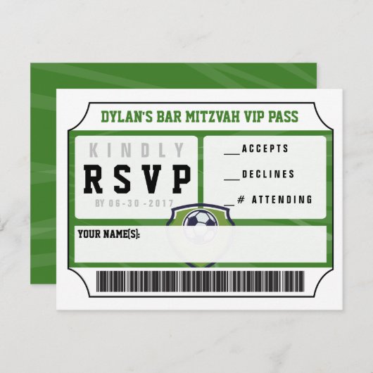 SOCCER VIP REPLY CARD Bar Bat Mitzvah Uitnodiging (Voorkant / Achterkant)