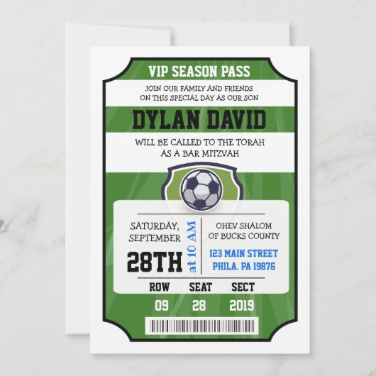 SOCCER VIP TICKET Bar Bat Mitzvah Uitnodiging (Voorkant)