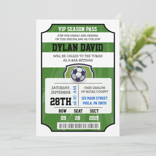 SOCCER VIP TICKET Bar Bat Mitzvah Uitnodiging (Staand voorkant)