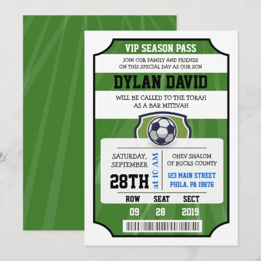 SOCCER VIP TICKET Bar Bat Mitzvah Uitnodiging (Voorkant / Achterkant)
