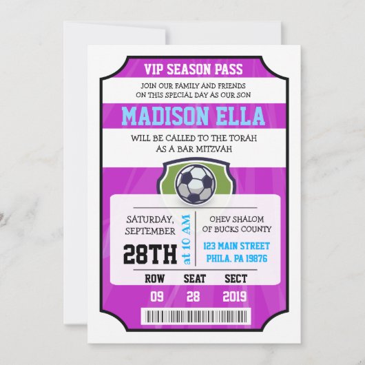 SOCCER VIP TICKET Bat Mitzvah Uitnodiging (Voorkant)