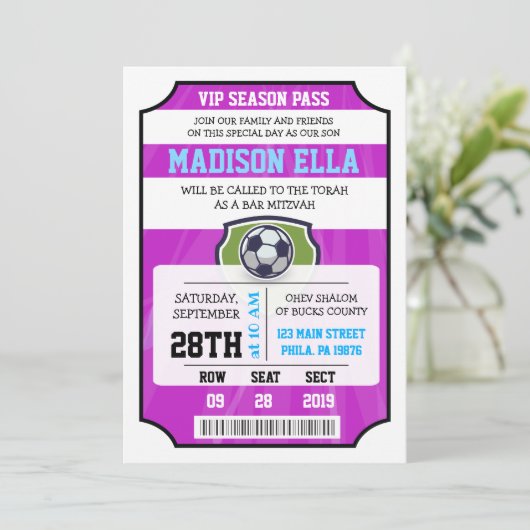 SOCCER VIP TICKET Bat Mitzvah Uitnodiging (Staand voorkant)