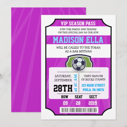 SOCCER VIP TICKET Bat Mitzvah Uitnodiging (Voorkant / Achterkant)
