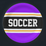 SOCCER Zwart Heldere Paarse Gele Racing Stripes Papieren Bordje<br><div class="desc">Dit sportieve,  atletische ontwerp is voorzien van gewaagde VOETBAL tekst in een gemarkeerde brede centrum zwarte streep met witte en gele strepen tegen felle paarse buitenste strepen. De tekst kan gepersonaliseerd worden.</div>