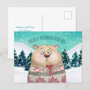 Sociaal vervormde Beer Hug Cute Forest Snow Scene Feestdagenkaart