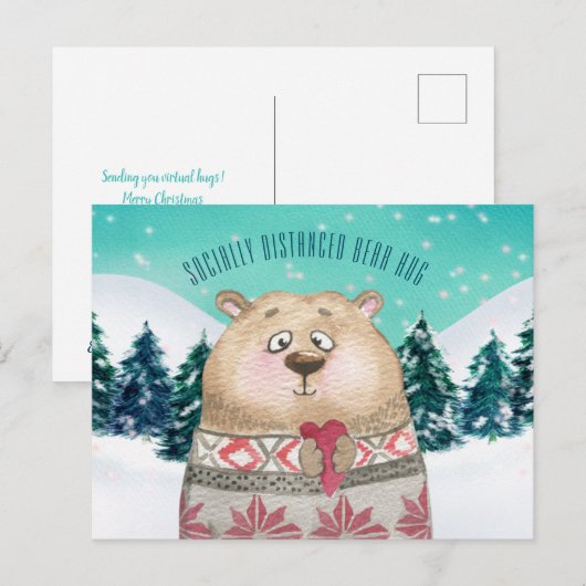 Sociaal vervormde Beer Hug Cute Forest Snow Scene Feestdagenkaart (Voorkant / Achterkant)