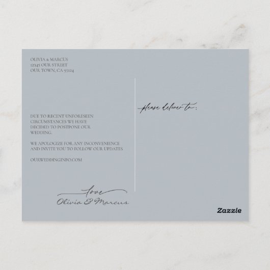 Social Distancing Wedding Uitstel Dusty Blue Briefkaart (Achterkant)
