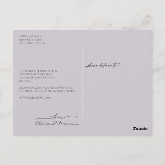 Social Distancing Wedding Uitstel Dusty Plum Briefkaart (Achterkant)