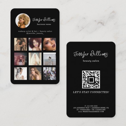 Social Media Custom QR Code & Foto Zwart Modern Visitekaartje (Voorkant / Achterkant)