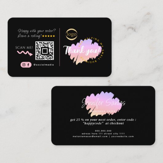 Social Media Custom QR Code Logo Bedankt Zwart Visitekaartje (Voorkant / Achterkant)