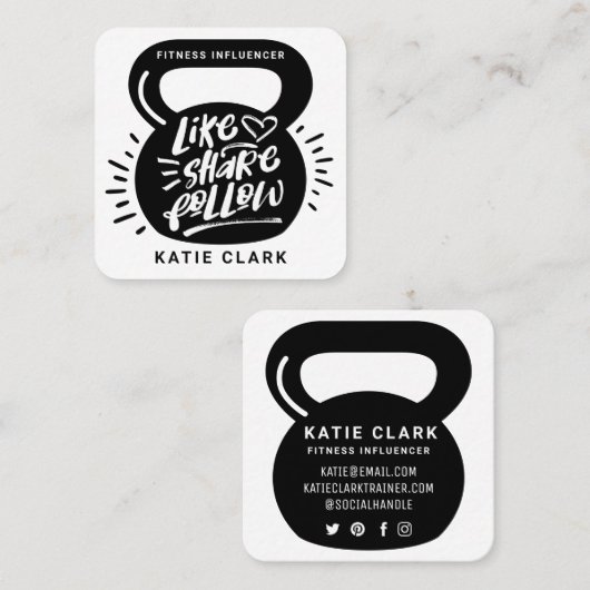 Social Media Fitness Influencer Kettlebell Wit Vierkante Visitekaartje (Voorkant / Achterkant)