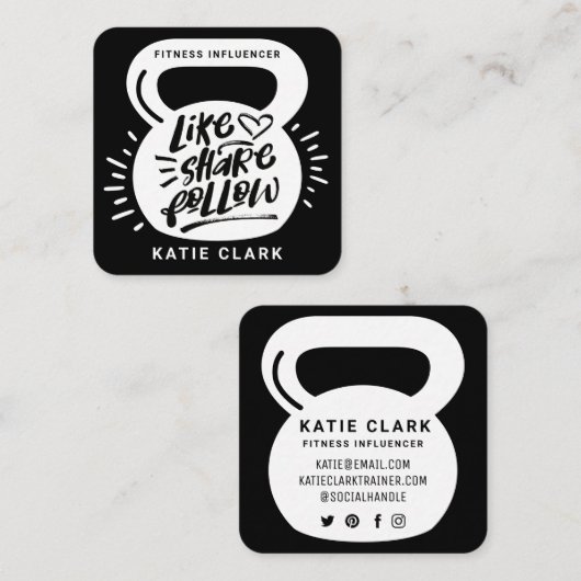 Social Media Fitness Influencer Kettlebell Zwart Vierkante Visitekaartje (Voorkant / Achterkant)