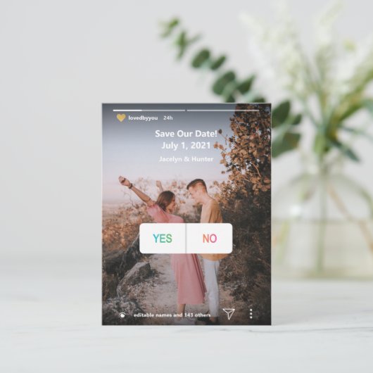 Social Media Ja/Nee Fotoplezier Save the Date Nodi Briefkaart (Staand voorkant)