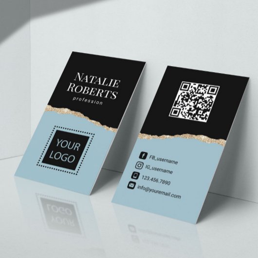 Social Media Mint Blauw Zwart & Goud QR Code Visitekaartje