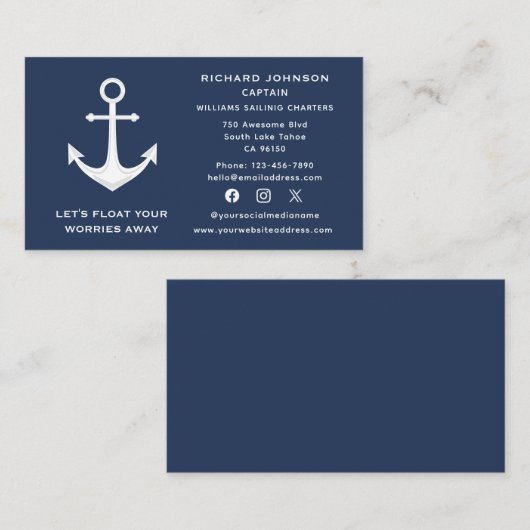Social Media Nautisch Blauw Wit Anker Bootjacht Visitekaartje (Voorkant / Achterkant)