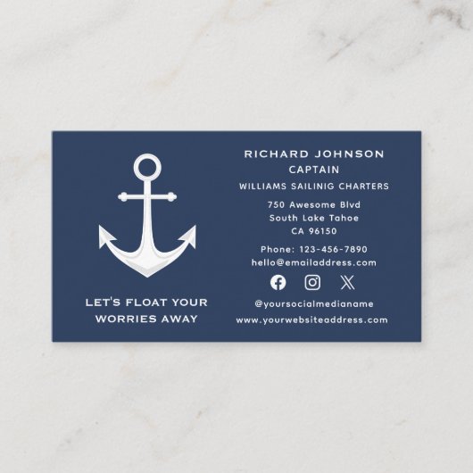 Social Media Nautisch Blauw Wit Anker Bootjacht Visitekaartje (Voorkant)