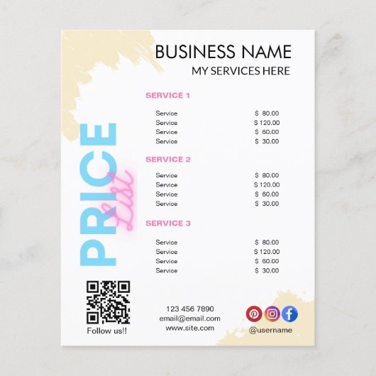 Social Media pictogrammen Lijst van diensten QR-co Flyer (Voorkant)