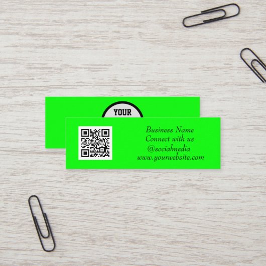 Social media QR Code Eenvoudig Fluorescerend Groen Mini Visitekaartje (Voorkant / Achterkant in situ)