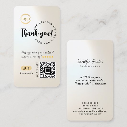 Social Media QR Code & Logo Bedankt Pearlescent Visitekaartje (Voorkant / Achterkant)
