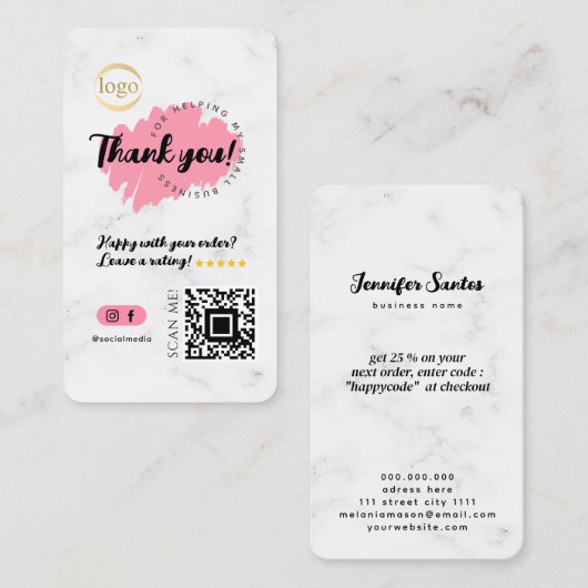 Social Media QR Code Logo Dank u Modern Marmer Visitekaartje (Voorkant / Achterkant)