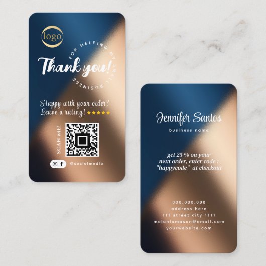Social Media QR Code Logo Dank u Navy Blue Gold Visitekaartje (Voorkant / Achterkant)