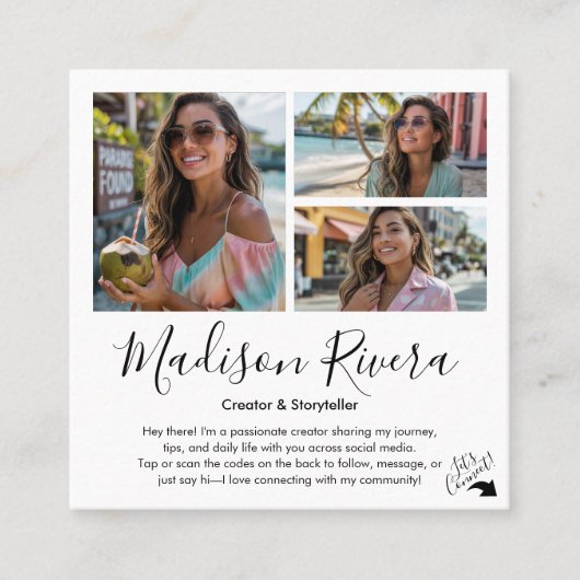 Social Media QR Code Photo Grid Content Creator Vierkante Visitekaartje (Voorkant)