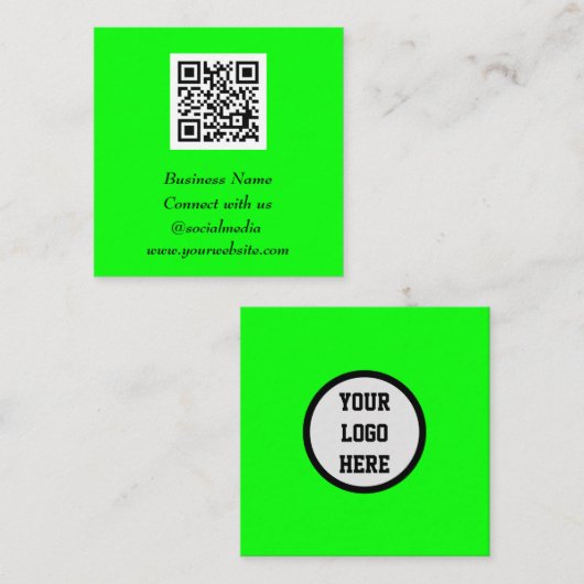 Social media QR Code Scannable Fluorescent Green Vierkante Visitekaartje (Voorkant / Achterkant)