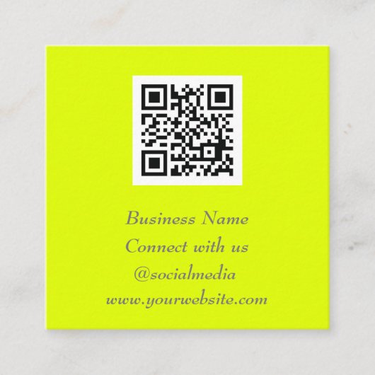 Social media QR Code Scannable Fluorescerend Geel Vierkante Visitekaartje (Voorkant)