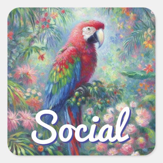 Social Parrot Bird Oerwoud Bloemenschilderij Vierkante Sticker (Voorkant)