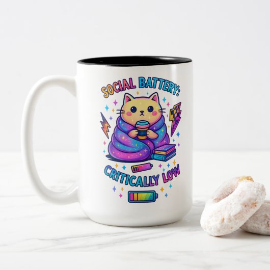 Sociale batterij kritisch... tweekleurige koffiemok (Met donut)