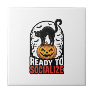 Sociale Halloween Kat Griezelsfeest Humor Ontwerp_ Tegeltje