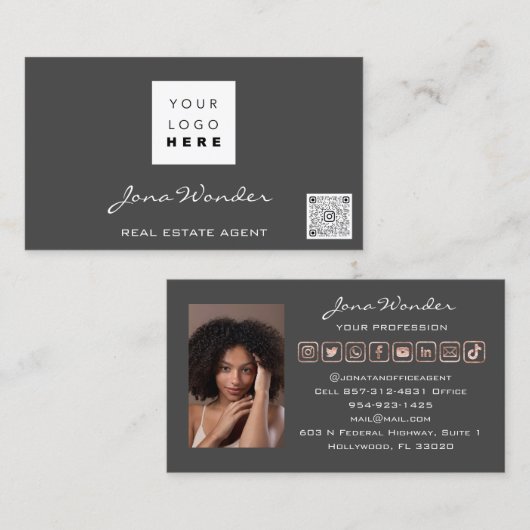 Sociale media Logo Foto QR Code Blogger Roos Grijs Visitekaartje (Voorkant / Achterkant)