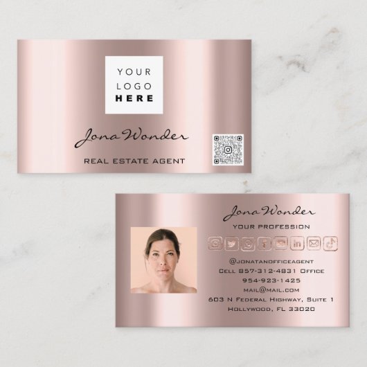 Sociale media Logo Foto QR Code Makeup Roos Visitekaartje (Voorkant / Achterkant)