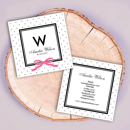 Sociale media Polka Dot Pink Ribbon Monogram Vierkante Visitekaartje