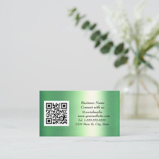 Sociale media QR Code Emerald Green Metallic Visitekaartje (Staand voorkant)