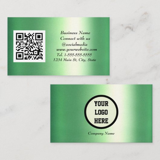 Sociale media QR Code Emerald Green Metallic Visitekaartje (Voorkant / Achterkant)