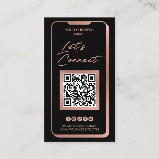 Sociale media QR-code Feminine Moderne Roos Gold Visitekaartje (Voorkant)
