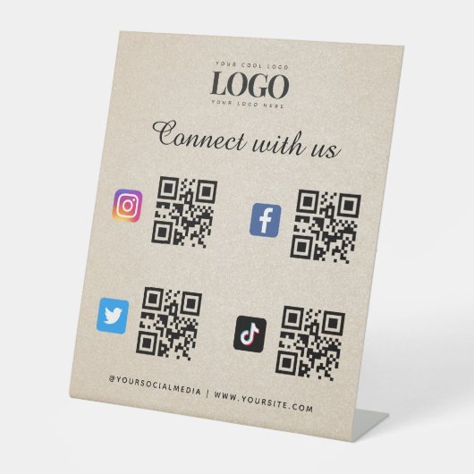 Sociale media Qr Code Logo Twitter Facebook Beige Reclamebord Met Voetstuk (Voorkant)
