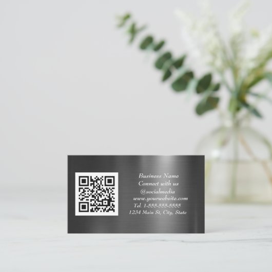 Sociale media QR-code Scannable Black Metallic Visitekaartje (Staand voorkant)