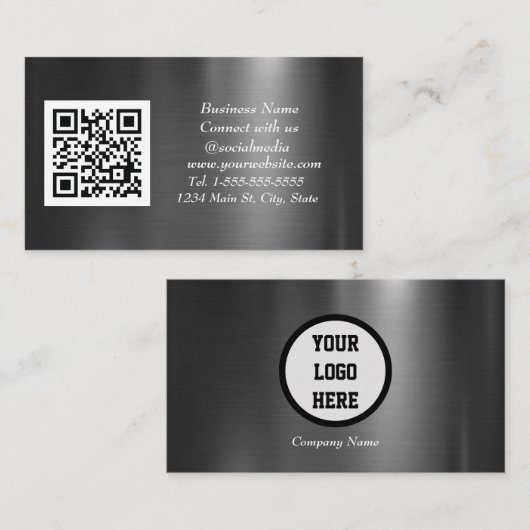 Sociale media QR-code Scannable Black Metallic Visitekaartje (Voorkant / Achterkant)