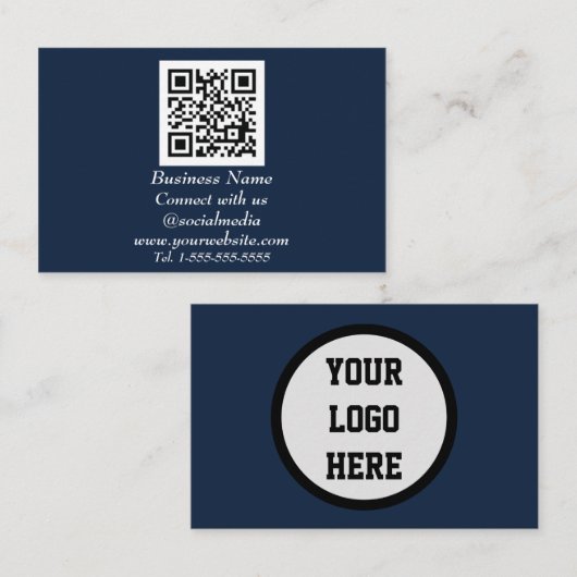 Sociale media QR Code Scannable Navy Blue Visitekaartje (Voorkant / Achterkant)