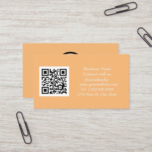 Sociale media QR-code schaalbaar Sinaasappel Visitekaartje (Voorkant / Achterkant in situ)