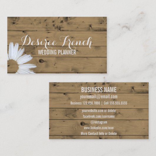 Sociale media | Rustic Wood Daisy Wedding Planner Visitekaartje (Voorkant / Achterkant)