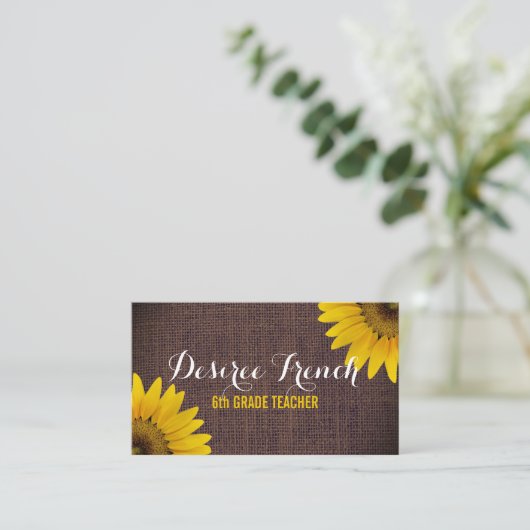 Sociale media | Rustige zonnebloemen Burlap-leraar Visitekaartje (Staand voorkant)