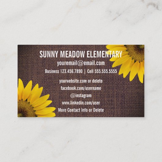 Sociale media | Rustige zonnebloemen Burlap-leraar Visitekaartje (Achterkant)