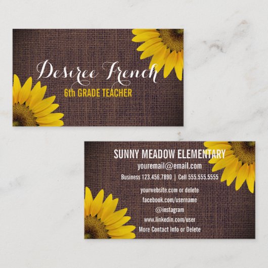 Sociale media | Rustige zonnebloemen Burlap-leraar Visitekaartje (Voorkant / Achterkant)