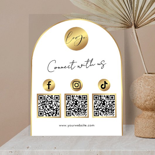 Sociale Media Wit & Goud Boog Logo QR Code Acryl Bord