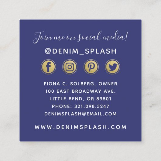 Sociale netwerken in Navy Blue en Gold Paint Strok Vierkante Visitekaartje (Achterkant)